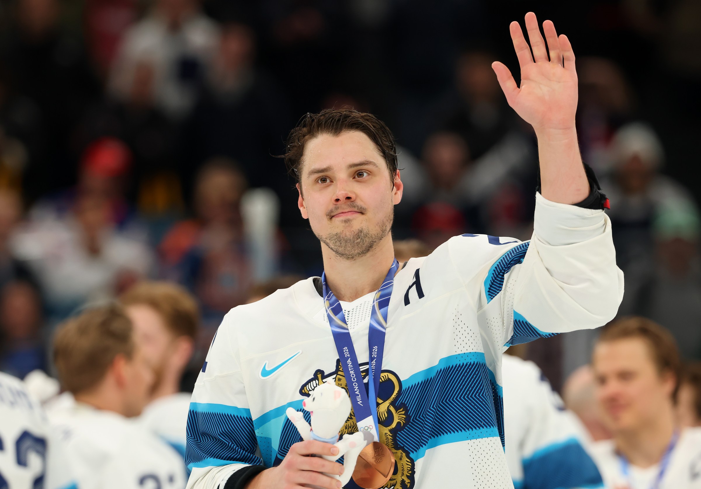 MILAN, ITALY - FEBRUARY 21: Sebastian Aho #20 of Team Finland celebrates following the Men’s Bronze Medal match between Slovakia and Finland on day fifteen of the Milano Cortina 2026 Winter Olympic games at Milano Santagiulia Ice Hockey Arena on February 21, 2026 in Milan, Italy. (Photo by Gregory Shamus/Getty Images)