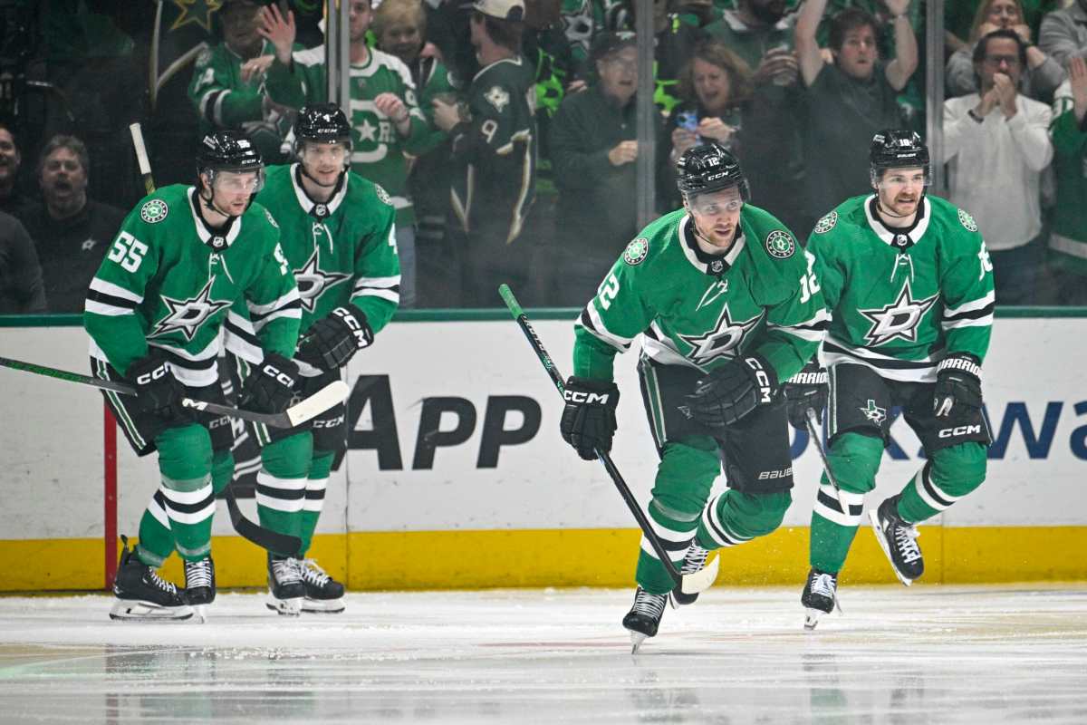 May 5, 2024; Dallas, Texas, USA; Dallas Stars center Radek Faksa (12) and defenseman Miro Heiskanen (4) and defenseman Thomas Harley (55) center Sam Steel (18) skate off the ice after Faksa scores the game winning goal against the Vegas Golden Knights during the third period in game seven of the first round of the 2024 Stanley Cup Playoffs at American Airlines Center. Mandatory Credit: Jerome Miron-USA TODAY Sports