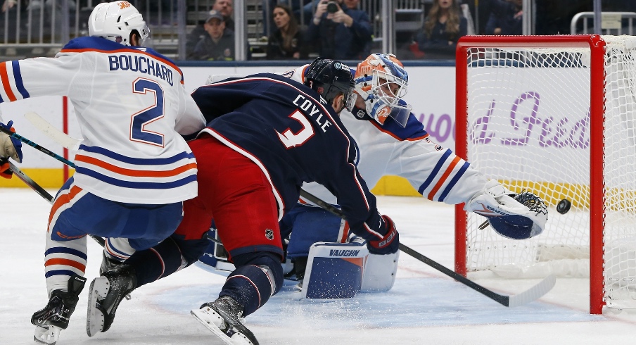 Nov 13, 2025; Columbus, Ohio, USA; Columbus Blue Jackets center Charlie Coyle (3) scores a goal against Edmonton Oilers goalie Calvin Pickard (30) during the second period at Nationwide Arena.