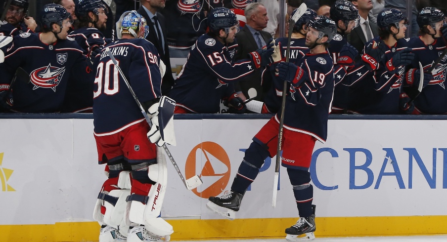 Dec 4, 2025; Columbus, Ohio, USA; Columbus Blue Jackets center Adam Fantilli (19) celebrates his goal against the Detroit Red Wings during the third period at Nationwide Arena.