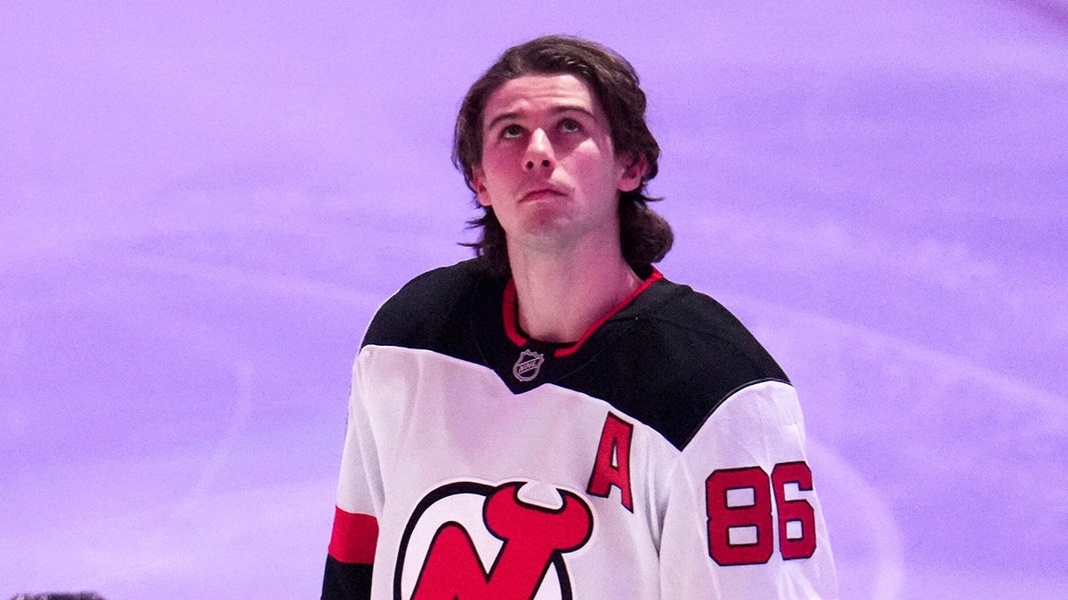Jack Hughes looks at scoreboard