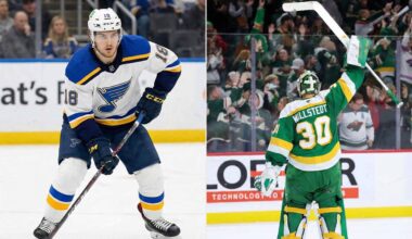 Split image featuring St. Louis Blues forward Robert Thomas skating with the puck in a white jersey on the left panel, alongside Minnesota Wild goaltender Jesper Wallstedt seen from behind saluting the crowd with his stick raised in a green jersey on the right panel.