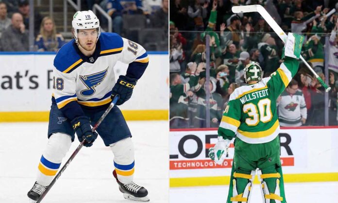 Split image featuring St. Louis Blues forward Robert Thomas skating with the puck in a white jersey on the left panel, alongside Minnesota Wild goaltender Jesper Wallstedt seen from behind saluting the crowd with his stick raised in a green jersey on the right panel.