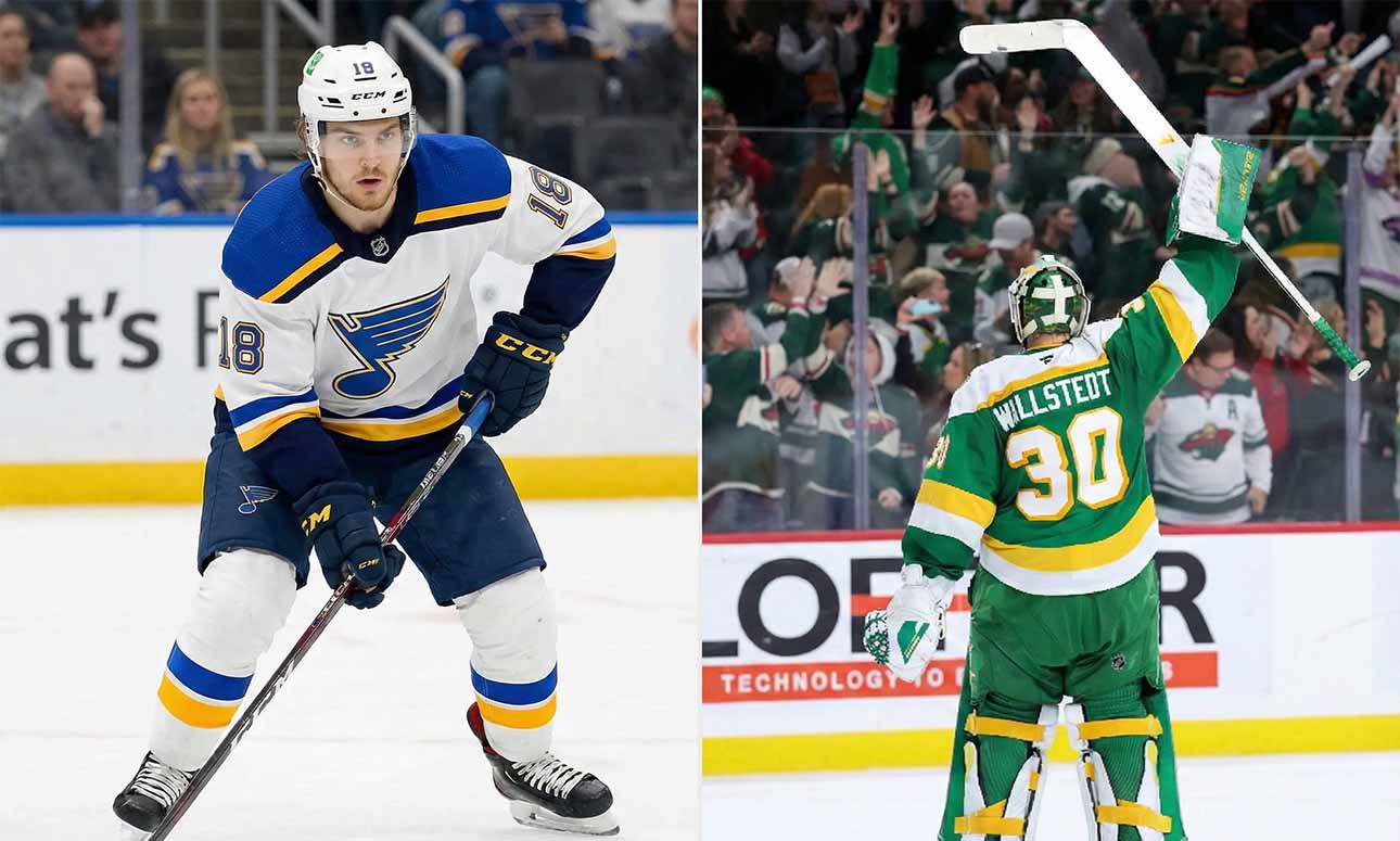 Split image featuring St. Louis Blues forward Robert Thomas skating with the puck in a white jersey on the left panel, alongside Minnesota Wild goaltender Jesper Wallstedt seen from behind saluting the crowd with his stick raised in a green jersey on the right panel.