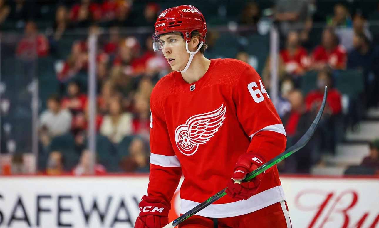 A concept visualization showing Winnipeg Jets defenseman Logan Stanley wearing a red Detroit Red Wings home jersey with number 64, red helmet, and gloves, standing on the ice holding his stick during a game.