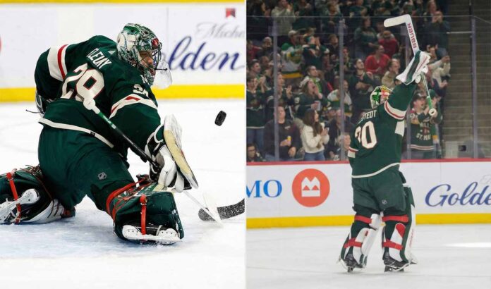 A split image featuring two Minnesota Wild goaltenders. On the left side, Marc-Andre Fleury (#29) is shown making a dynamic pad save on a puck during a game. On the right side, Jesper Wallstedt (#30) is seen from behind, raising his stick in celebration towards a cheering crowd after a victory.