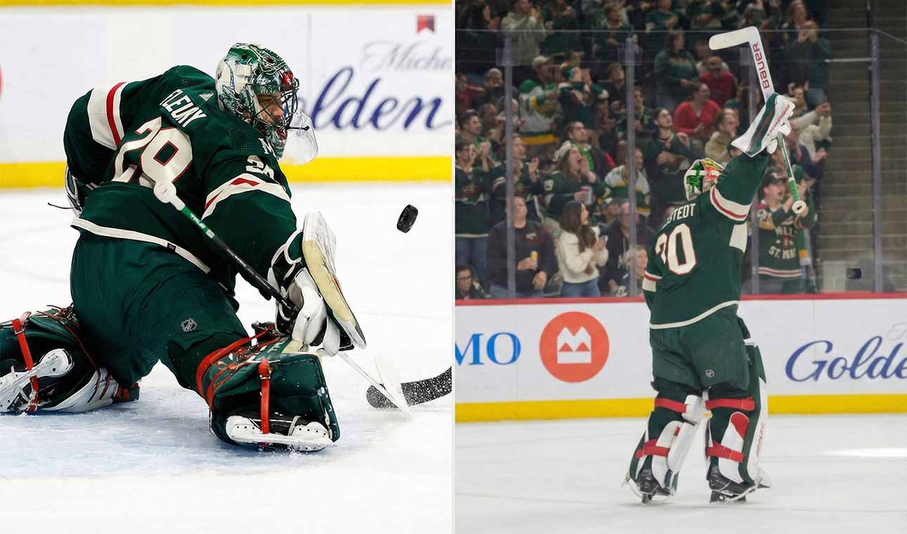 A split image featuring two Minnesota Wild goaltenders. On the left side, Marc-Andre Fleury (#29) is shown making a dynamic pad save on a puck during a game. On the right side, Jesper Wallstedt (#30) is seen from behind, raising his stick in celebration towards a cheering crowd after a victory.