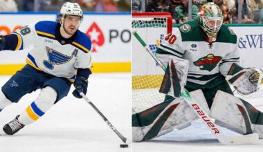 A split-screen image showing St. Louis Blues forward Robert Thomas skating with the puck on the left panel, and Minnesota Wild goaltender Jesper Wallstedt making a save in a butterfly stance on the right panel.