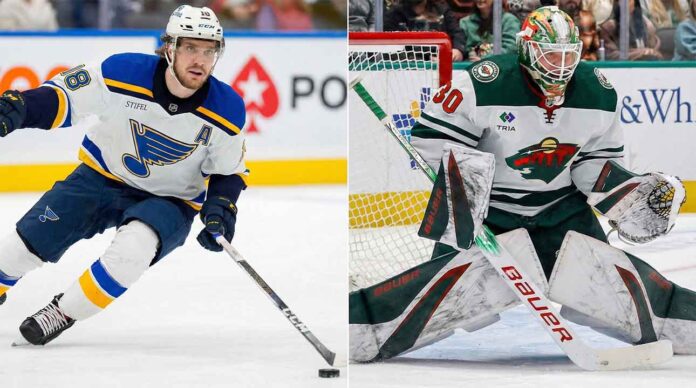 A split-screen image showing St. Louis Blues forward Robert Thomas skating with the puck on the left panel, and Minnesota Wild goaltender Jesper Wallstedt making a save in a butterfly stance on the right panel.