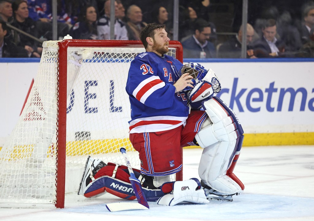 Jonathan Quick, goaltender for the New York Rangers, reacting on the ice.