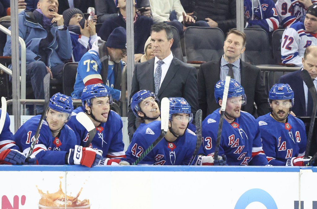 New York Rangers head coach Mike Sullivan reacts on the bench during the second period.