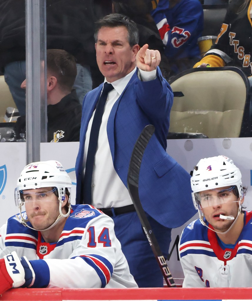 New York Rangers head coach Mike Sullivan reacting on the bench.