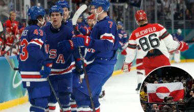 Winter Olympics 2026 hockey fans display Greenland flag during USA win over Denmark