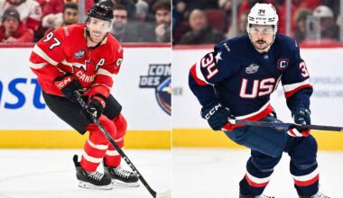 A split-screen photograph showing Connor McDavid wearing a red Team Canada jersey on the left and Auston Matthews wearing a blue Team USA jersey on the right, both skating with the puck during the 2026 Winter Olympics men's hockey tournament.
