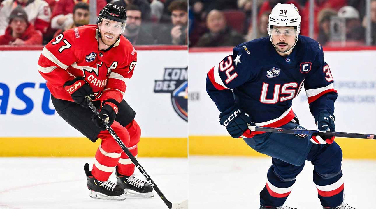 A split-screen photograph showing Connor McDavid wearing a red Team Canada jersey on the left and Auston Matthews wearing a blue Team USA jersey on the right, both skating with the puck during the 2026 Winter Olympics men's hockey tournament.