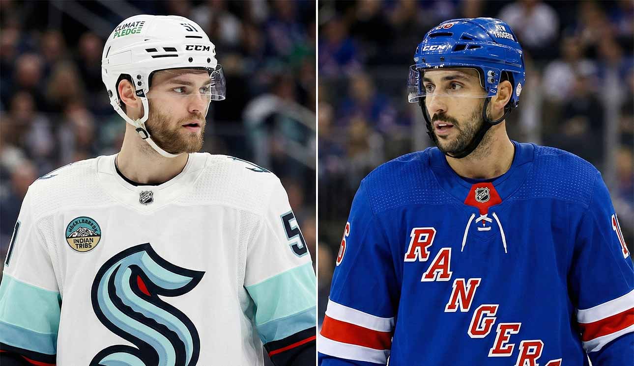 A split-frame photograph featuring Seattle Kraken forward Shane Wright in a white jersey on the left and New York Rangers forward Vincent Trocheck in a blue jersey on the right.