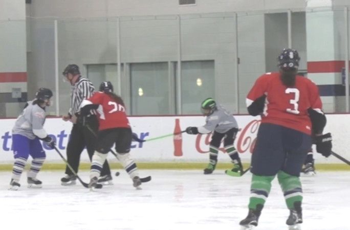Linda shooting the puck around the boards