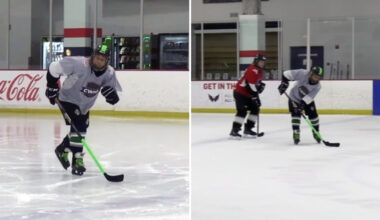 Split image of Linda playing hockey