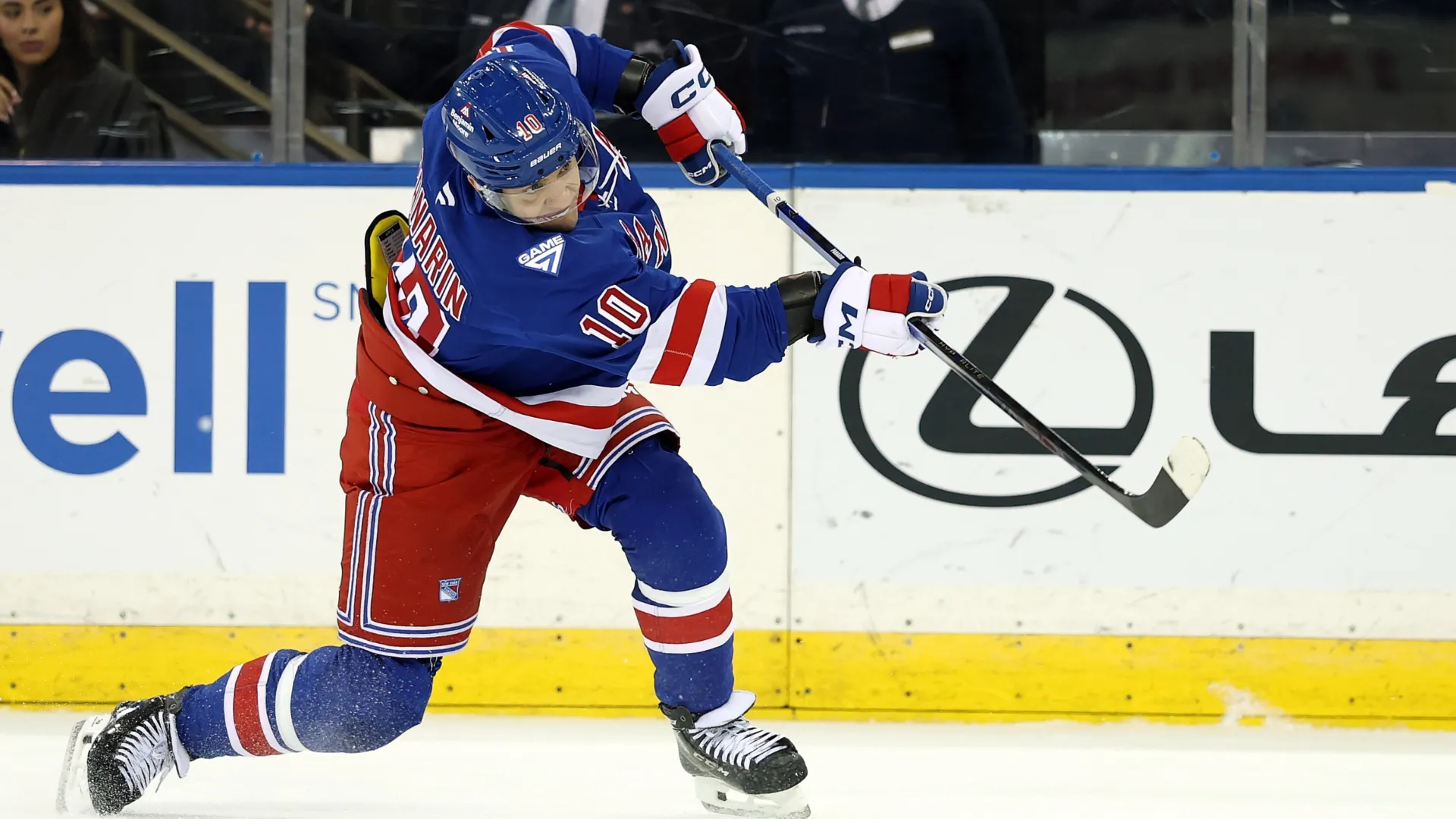 Artemi Panarin #10 with the Rangers scores a goal. Kenneth Richmond/Getty Images