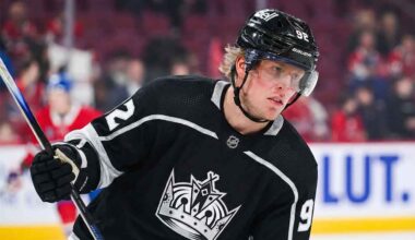 A mock-up illustration showing current Montreal Canadiens forward Patrik Laine wearing a black number 92 Los Angeles Kings jersey and helmet, holding his hockey stick on the ice.