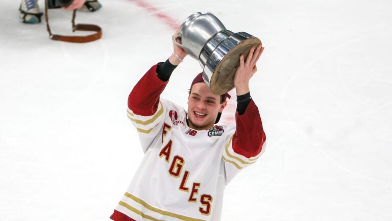 James Hagens #10 holding the Beanpot trophy after their 6-2 win over Boston University winning the Beanpot at TD Garden on February 9, 2026.