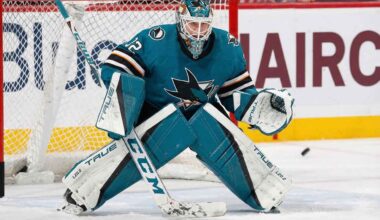 Sergei Bobrovsky pictured in a full teal and black San Jose Sharks goaltending uniform, positioned in a butterfly stance on the ice in front of the net.