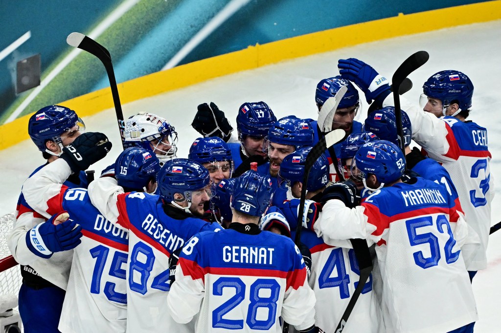 Team Slovakia celebrating against Sweden.