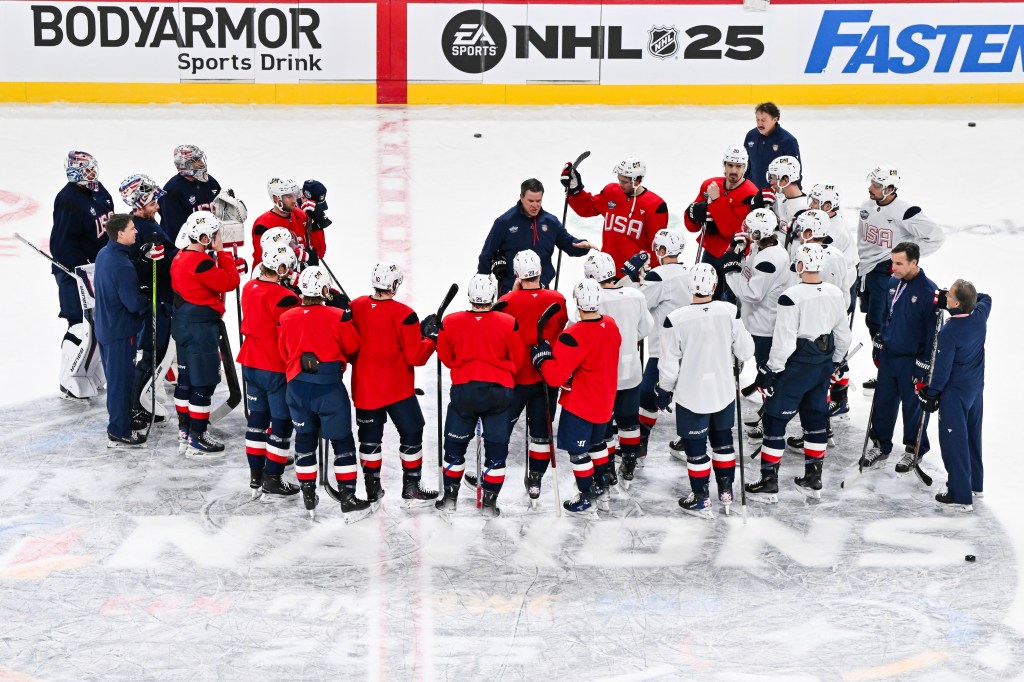 Mike Sullivan is pictured with Team USA at the 4 Nations Face-Off in February 2025.