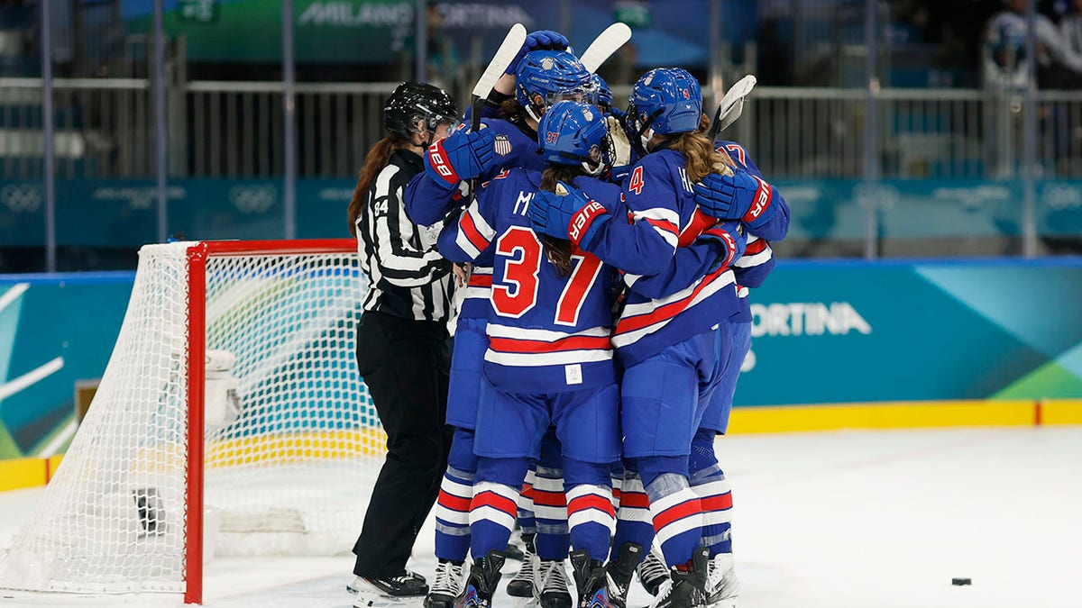 Team USA women's hockey players celebrate