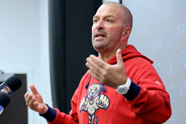 Florida Panthers President of Hockey Operations & General Manager Bill Zito speaks during a news conference at the Baptist Health IcePlex in Fort Lauderdale on Tuesday, Feb. 24, 2026. (Amy Beth Bennett / South Florida Sun Sentinel)