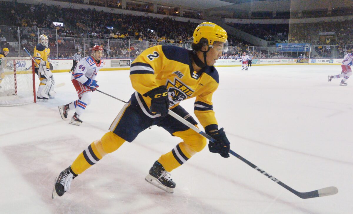 Erie Otters defenseman Ty Henry skates against the Kitchener Rangers during an Ontario Hockey League Western Conference quarterfinal game at Erie Insurance Arena in Erie on April 4