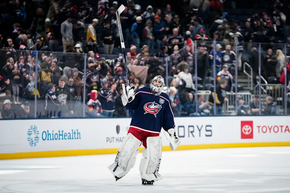 Columbus Blue Jackets goaltender Jet Greaves (73) salutes the fans following the NHL hockey game against the Nashville Predators at Nationwide Arena in Columbus on March 3, 2026. The Blue Jackets won 3-2.