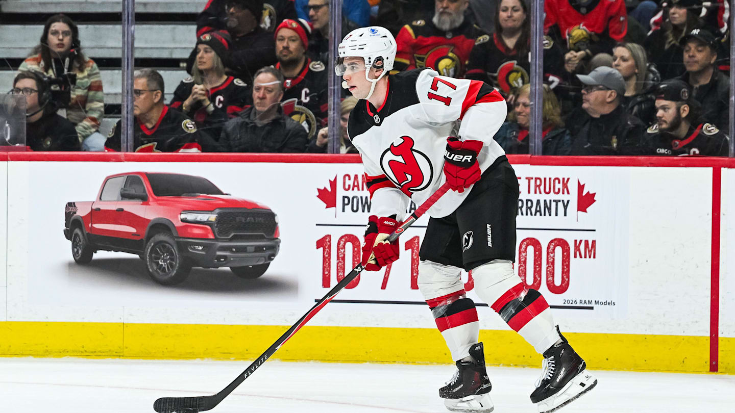 Jan 31, 2026; Ottawa, Ontario, CAN; New Jersey Devils defenseman Simon Nemec (17) plays the puck against the Ottawa Senators during the third period at Canadian Tire Centre. Mandatory Credit: David Kirouac-Imagn Images