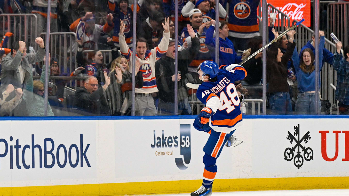 Mar 1, 2026; Elmont, New York, USA; New York Islanders defenseman Matthew Schaefer (48) celebrates his second goal against the Florida Panthers during the third period at UBS Arena. Mandatory Credit: Dennis Schneidler-Imagn Images