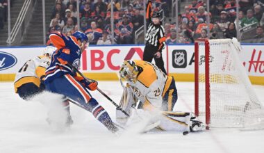Mar 15, 2026; Edmonton, Alberta, CAN; Nashville Predators  defenseman Brady Skjei (76) with Edmonton Oilers center Connor McDavid (97) goes for a shot on Nashville Predators goalie Justus Annunen (29) during the first period at Rogers Place. Mandatory Credit: Walter Tychnowicz-Imagn Images