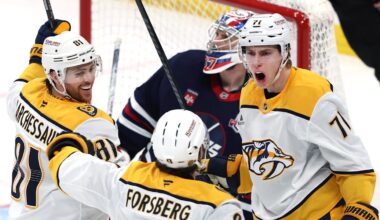 Mar 17, 2026; Winnipeg, Manitoba, CAN; Nashville Predators right wing Matthew Wood (71) celebrates a goal on Winnipeg Jets goaltender Connor Hellebuyck (37) in the third period at Canada Life Centre. Mandatory Credit: James Carey Lauder-Imagn Images