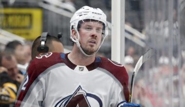 Oct 26, 2023; Pittsburgh, Pennsylvania, USA; Colorado Avalanche center Ryan Johansen (12) steps into the penalty box to serve a slashing penalty against the Pittsburgh Penguins during the third period at PPG Paints Arena. The Penguins shutout the Avalanche 4-0. Mandatory Credit: Charles LeClaire-Imagn Images