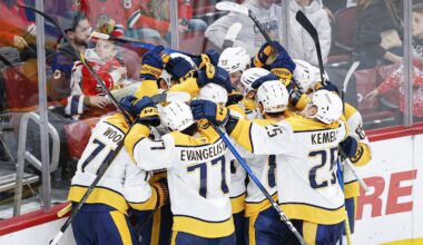 Mar 22, 2026; Chicago, Illinois, USA; Nashville Predators left wing Filip Forsberg (9) celebrates with teammates after scoring a game winning goal against the Chicago Blackhawks in overtime at United Center. Mandatory Credit: Kamil Krzaczynski-Imagn Images