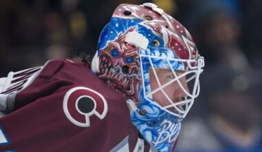 Feb 4, 2025; Vancouver, British Columbia, CAN; Colorado Avalanche goalie Mackenzie Blackwood (39) during a stop in play against the Vancouver Canucks in the second period at Rogers Arena. Mandatory Credit: Bob Frid-Imagn Images