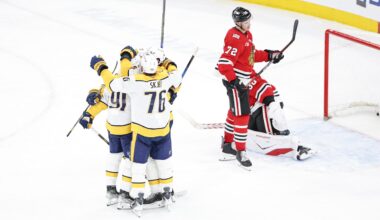 Mar 22, 2026; Chicago, Illinois, USA; Nashville Predators center Steven Stamkos (91) celebrates with teammates after scoring against Chicago Blackhawks goaltender Spencer Knight (30) during the third period at United Center. Mandatory Credit: Kamil Krzaczynski-Imagn Images
