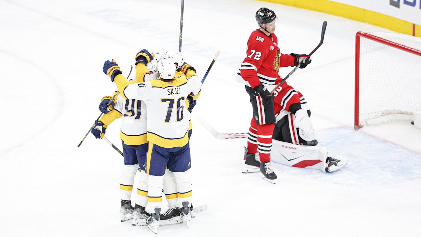 Mar 22, 2026; Chicago, Illinois, USA; Nashville Predators center Steven Stamkos (91) celebrates with teammates after scoring against Chicago Blackhawks goaltender Spencer Knight (30) during the third period at United Center. Mandatory Credit: Kamil Krzaczynski-Imagn Images