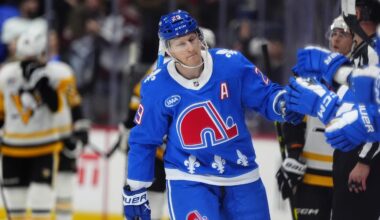 Mar 16, 2026; Denver, Colorado, USA; Colorado Avalanche center Nathan MacKinnon (29) celebrates his goal in the first period against the Pittsburgh Penguins at Ball Arena. Mandatory Credit: Ron Chenoy-Imagn Images