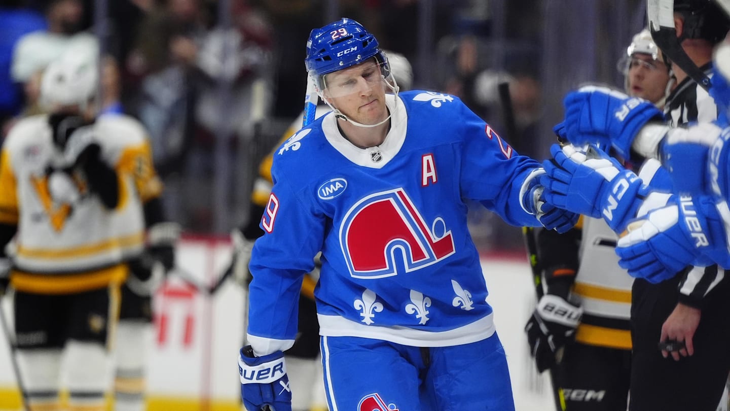 Mar 16, 2026; Denver, Colorado, USA; Colorado Avalanche center Nathan MacKinnon (29) celebrates his goal in the first period against the Pittsburgh Penguins at Ball Arena. Mandatory Credit: Ron Chenoy-Imagn Images