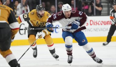 Oct 9, 2024; Las Vegas, Nevada, USA; Colorado Avalanche right wing Logan O’Connor (25) skates ahead of Vegas Golden Knights center Nicolas Roy (10) during the first period at T-Mobile Arena. Mandatory Credit: Lucas Peltier-Imagn Images