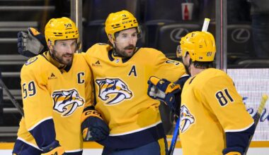 Mar 24, 2026; Nashville, Tennessee, USA;  Nashville Predators defenseman Roman Josi (59) celebrates with his teammates after scoring a goal against the San Jose Sharks during the first period at Bridgestone Arena. Mandatory Credit: Steve Roberts-Imagn Images