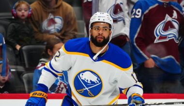 Nov 13, 2025; Denver, Colorado, USA; Buffalo Sabres left wing Jordan Greenway (12) before a game against the Colorado Avalanche at Ball Arena. Mandatory Credit: Ron Chenoy-Imagn Images
