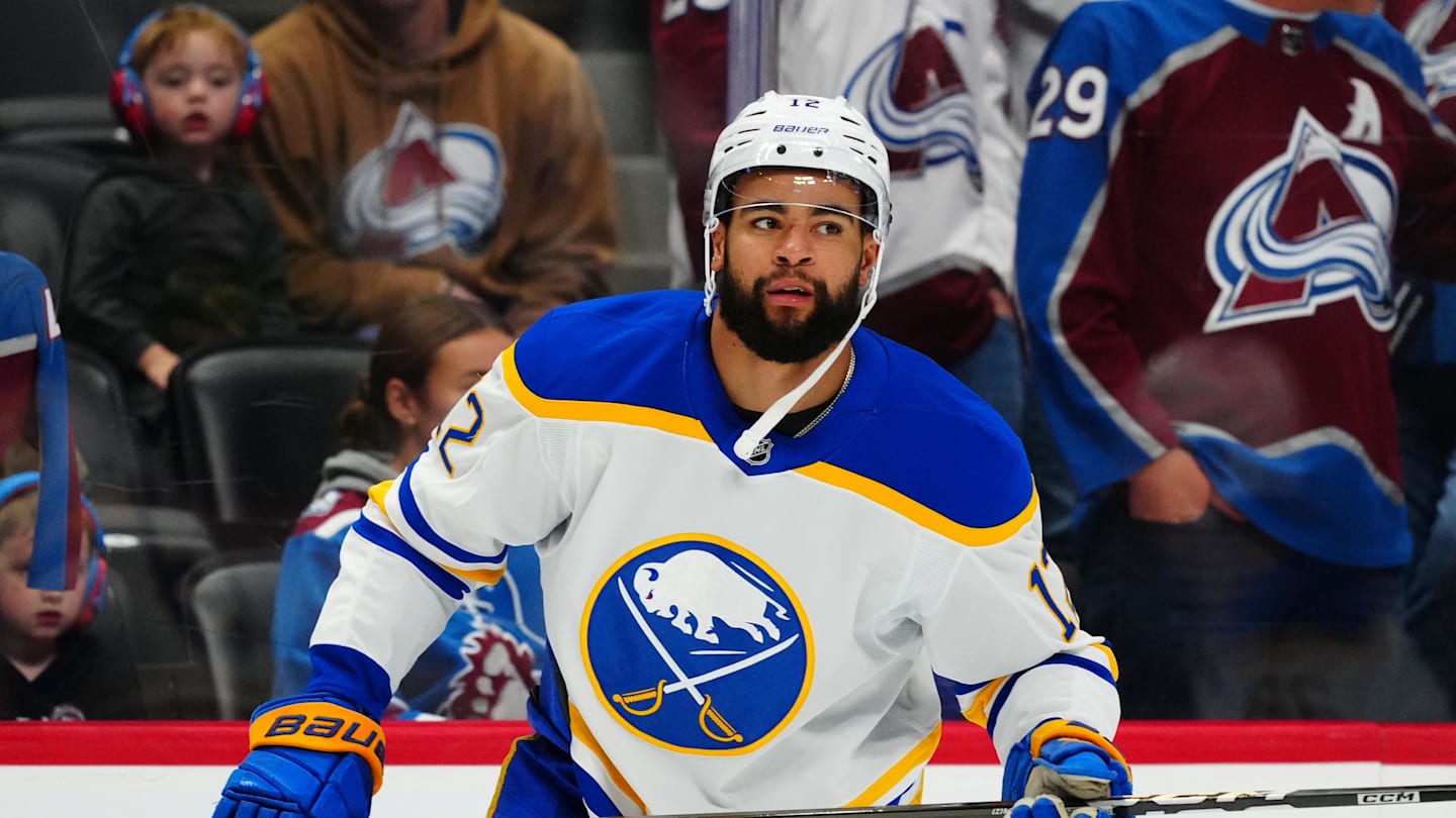 Nov 13, 2025; Denver, Colorado, USA; Buffalo Sabres left wing Jordan Greenway (12) before a game against the Colorado Avalanche at Ball Arena. Mandatory Credit: Ron Chenoy-Imagn Images