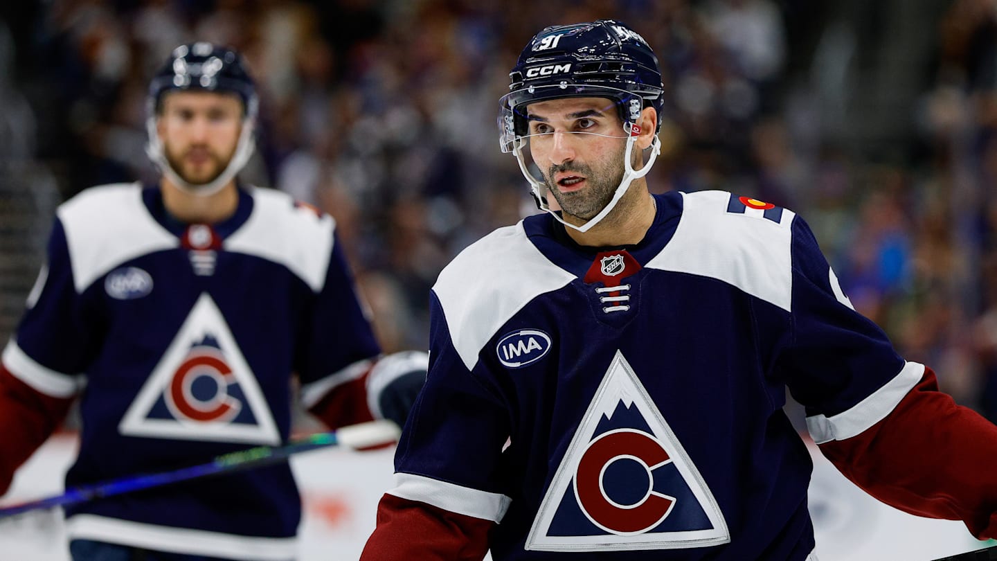 Mar 18, 2026; Denver, Colorado, USA; Colorado Avalanche center Nazem Kadri (91) in the first period against the Dallas Stars at Ball Arena. Mandatory Credit: Isaiah J. Downing-Imagn Images