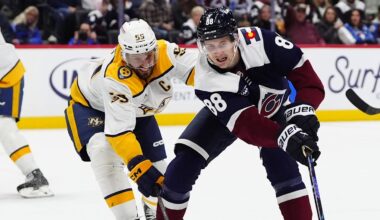 Jan 16, 2026; Denver, Colorado, USA; Nashville Predators defenseman Roman Josi (59) and Colorado Avalanche center Martin Necas (88) battle for control of the puck in the second period at Ball Arena. Mandatory Credit: Ron Chenoy-Imagn Images