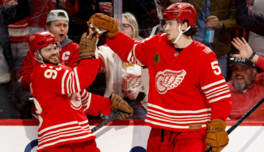 Mar 6, 2026; Detroit, Michigan, USA;  Detroit Red Wings right wing Alex DeBrincat (93) receives congratulations from defenseman Moritz Seider (53) after scoring in the second period against the Florida Panthers at Little Caesars Arena. Mandatory Credit: Rick Osentoski-Imagn Images